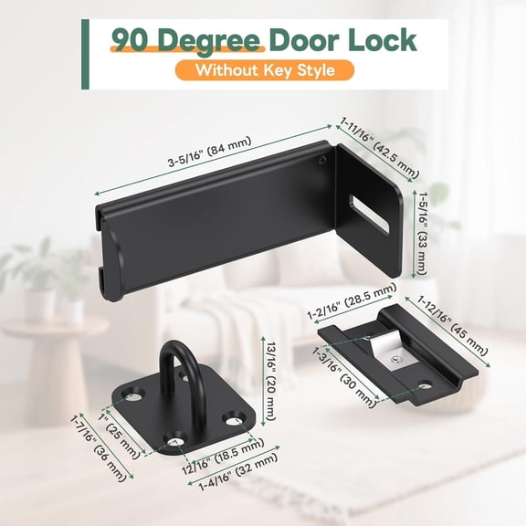 UBSWF-90 Degree Right Angle Locks, 3.3 Inch Safety Sliding Door Lock Latch for Closet, Shed, Cabinet, Inward Opening Door - Heavy Duty Hasp Latches Compatible with Padlock (Black, 3.3In-2PCS)
