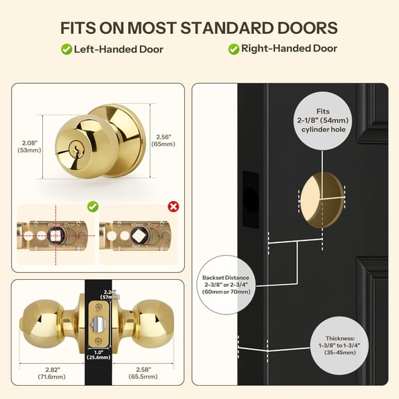 UBSWF-Ball Design Door Knob with Keys and Lock, Keyed Entry Round Shaped Doorknob for Front/Entrance Doors, Polished Brass Finish