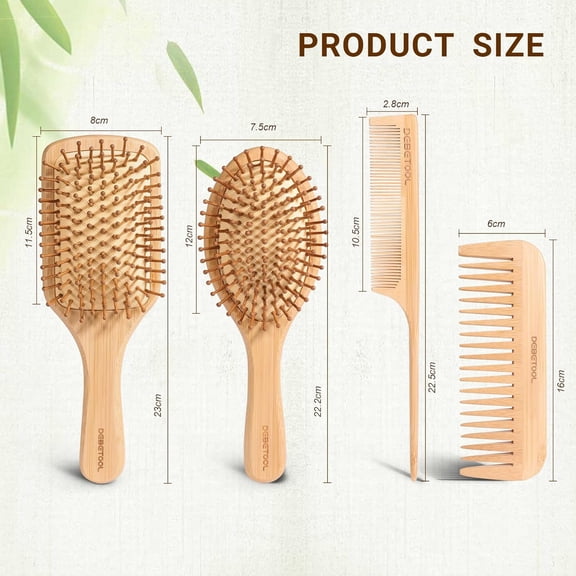 UBSWF-Bamboo Hair Brush and Comb Set - Natural Wooden & Bamboo Brush for Hair Growth with Wide-tooth Tail Comb, Ergonomic Design for (Thick/Thin/Curly/Dry Hair) - Wooden Comb for Women Gift Kit
