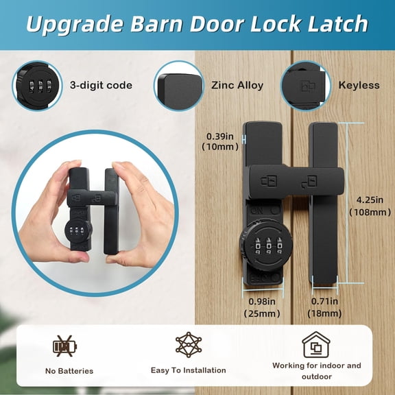 UBSWF-Barn Door Lock,Flip Latch with Combination,180-Degree Sliding & Swinging Door Lock with Cabinet 3-Digit Password Keyless,Gate Latches Bolts for Barn Door Garage Shed Window Fence(Black,180 Degr