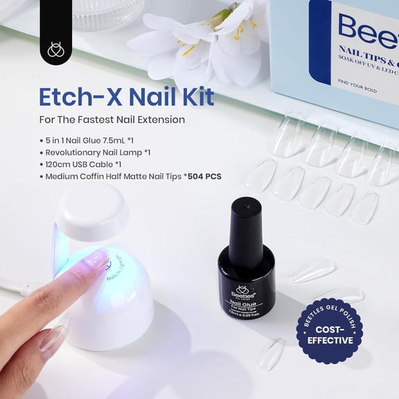 UBSWF-Beetles Gel Nail Kit Easy Nail Extension Set With Etch X Nail Tips 504Pcs Half Matte Medium Coffin Shaped Tips 5 in 1 Nail Glue Base Gel and Innovative Led Lamp Diy Art at Home Nail Kit