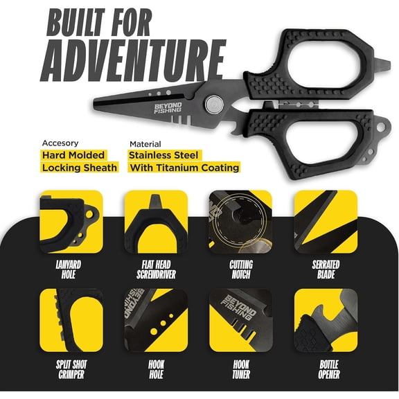 UBSWF-Beyond Fishing 6.5" Pro Fishing Shears Dual Serrated Blades, Fishing Braided Line Scissors with Titanium Coating, Non-Slip Grip & Multifunction Tool, Includes Hard Molded Locking Sheath