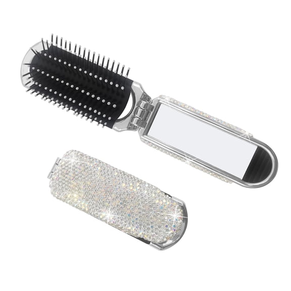 UBSWF-Bling Travel Hair Brush with Mirror, Rhinestone Compact Collapsible Brush for Women (Silver)