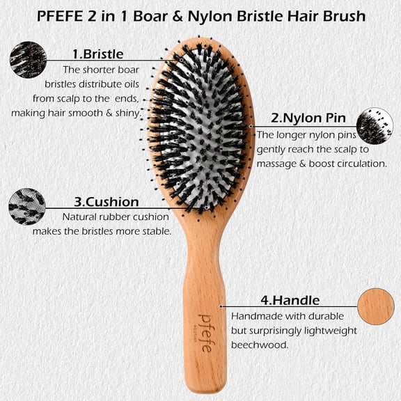 UBSWF-Boar Bristle Hair Brush - Natural Beechwood Detangling Brush for Men & Women, Soft Wooden Bristles Bursh with Travel Bag, Hairbrush for Long Short Thick Curly Wet Dry Hair