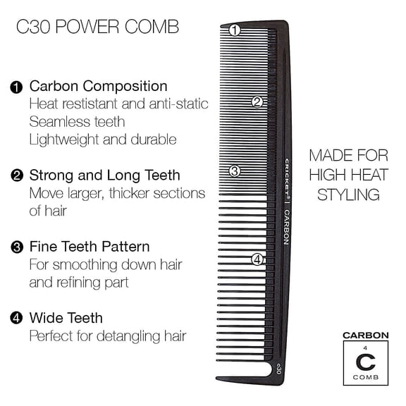 UBSWF-C30 Professional Hair Stylist Power Carbon Comb - Heat-Resistant, Anti-Static, Seamless Teeth for Detangling and Styling, Dual-Function Fine & Wide Tooth Design with Sectioning Pick - Black