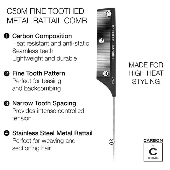 UBSWF-C50M Professional Carbon Rattail Comb - Fine Tooth, Anti-Static, Heat Resistant, Seamless Teeth with Stainless Steel Tail for Styling, Teasing, Parting, Sectioning, Hair Coloring, and Lifting