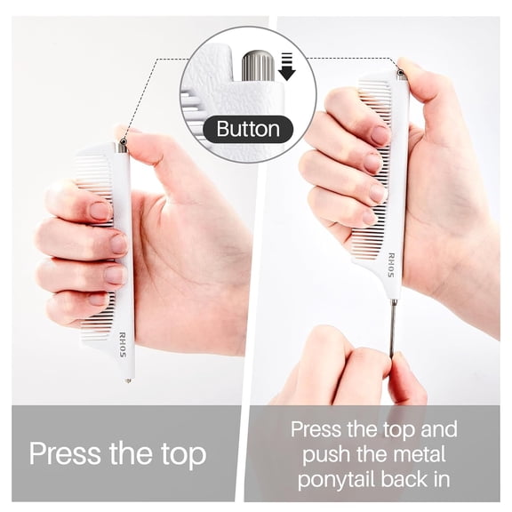 UBSWF-Carbon Retractable Rat Tail Parting Comb - Portable Fine Tooth Teasing Comb for Styling, Hair Cutting, Braiding with Stainless Steel Pin Tail - White