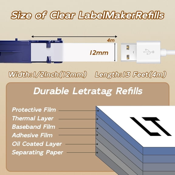 UBSWF-Clear Plastic Label Refill 1/2" x 13 Feet Replacement for Dymo LetraTag Refills Clear 16952 S0721530 12mm x 4m | Compatible with Dymo Letra Tag Label Maker LT-100H Plus, LT-100T, LT-200B | 5-Pa