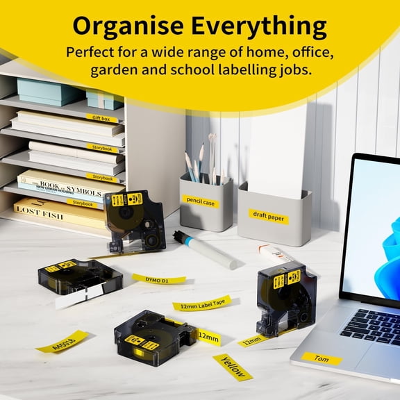 UBSWF-Compatible with DYMO D1 Label Tape Black on Yellow 45018 S0720580 Replace for DYMO Label Maker Refill D1, 1/2 Inch x 23 Ft, for Dymo LabelManager 160 420P 210D 280 360D PnP, 3-Pack