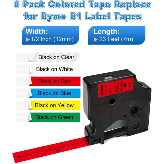 UBSWF-Compatible Dymo D1 Label Tape 1/2 Inch 12mm 45013 45010 45016 45017 45018 45019 Labeling Maker Refills Work for Dymo Labelmanager 160 280 210D 420P 450D Label Maker, 6 Pack
