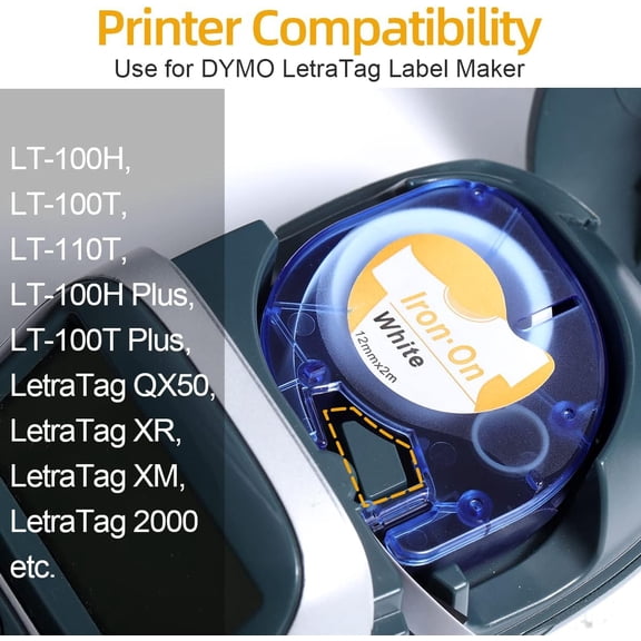 UBSWF-Compatible with Dymo LetraTag Iron-On Fabric Labels 18771 Iron on Labels for Clothing Tape Work with Dymo Letra tag LT LT-100H LT-110T Printer, 5 Pack, Black on White,1/2-Inch x 6.5-Foot Roll