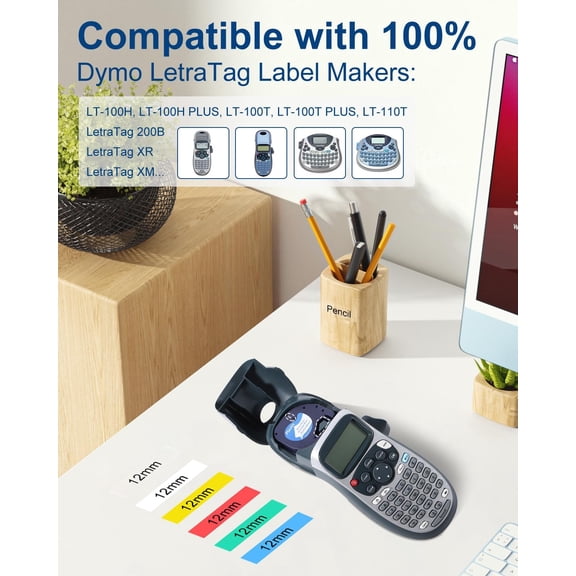 UBSWF-Compatible Dymo Letratag Label Maker Refills Colored Plastic Label Tape 12mm Replacement for Dymo Refill 1/2" x 13' for Letra Tag LT 100H 100T Plus 200B XR QX50 XM,6 Pack