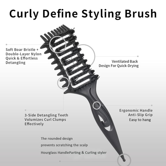 UBSWF-Curl Defining Brush, Curly Hair Brush for Detangling Shaping and Styling Curly Hair, Vented Candy Brush for Wet or Dry Hair Types for Women and Girl, Defining with Side Gear, Reduces Frizz (Bla