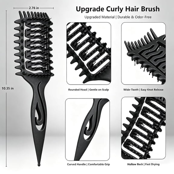 UBSWF-Curl Defining Hair Brush: Vented Wide-Tooth Brush with Soft Bristles Effortless Curls & Smooth Waves Pain-Free Detangling for Women Bonus Bonnet Included (Black)