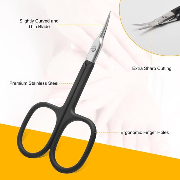 UBSWF-Cuticle Scissors Extra Fine Curved Blade, Super Slim Manicure Scissors for Cuticles Professional Small Scissors with Precise Pointed Tip Grooming Blades, Eyebrow, Eyelash, and Dry Skin - Black