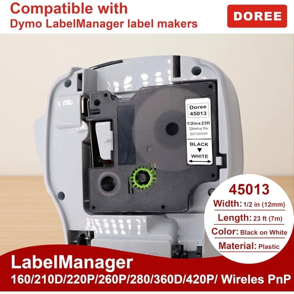 UBSWF-DOREE 4-Pack D1 Label Tape 45013 Compatible with DYMO 45013 S0720530, Black on White,1/2 in x 23 ft(12 mm x 7 m), Tape 45013s for Dymo LabelManager 160, 210D, 360D, 420P,Wireless PnP, 220P 260P
