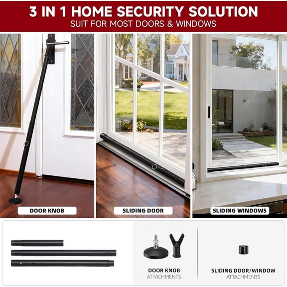 UBSWF-Door Security Bar, Heavy Duty Metal Door Jammer, 2 in 1 Adjustable 18-51 Inch for Hinged & Sliding Glass Doors, No Tools Required, Non-Slip Base for Apartment Home Travel Hotel Dorm