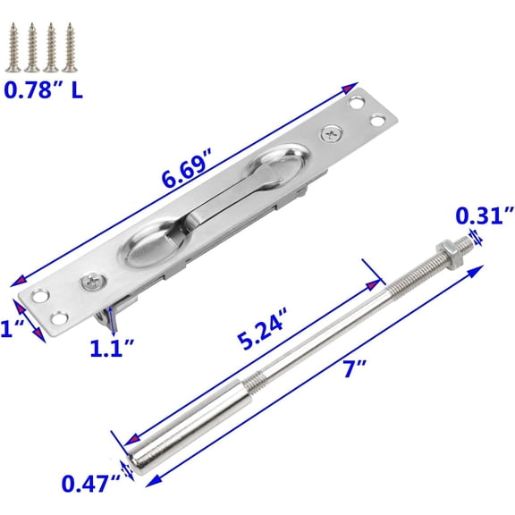 UBSWF-Extension Flush Bolt for Double Doors, 6.7 Inch Satin Silver French Door Lock Alternative with 7 Inch Rod, Stainless Steel Flip-Lever Security Bolt with Rod for Home & Commercial Use, 2Sets