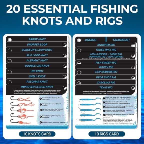 UBSWF-Fishing Knots Pocket Guide Waterproof Fishing Knot Guide Card with 20 Essential Knots and Rigs 2.5" x 3.5" Durable Quick Reference Perfect Pocket Guide Fishing Gift for Anglers