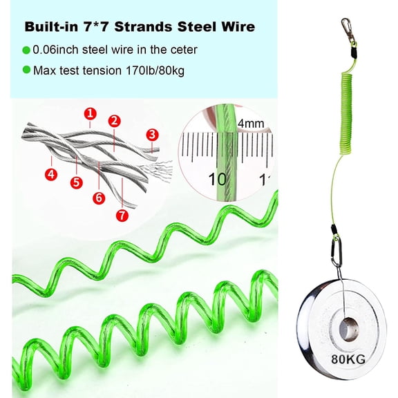 UBSWF-Fishing Lanyard, Heavy Duty Coiled Lanyards Stainless Steel Wire Inside, Safety Rope Extension Cord Tether Retractable Fishing Accessories for Rods, Pliers, Boating, Paddles, Kayak