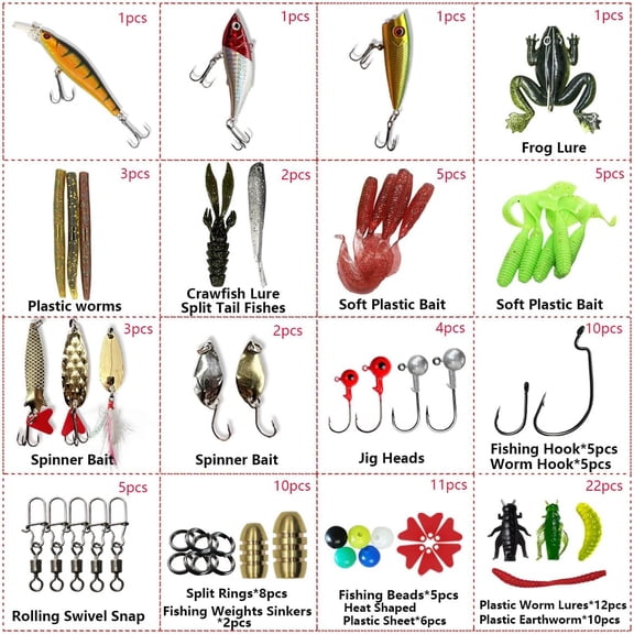 UBSWF-Fishing Lures Kit Set, Baits Tackle Including Crankbaits, Topwater Lures, Spinnerbaits, Worms, Jigs, Hooks, Tackle Box and More Fishing Gear Lures for Bass Trout