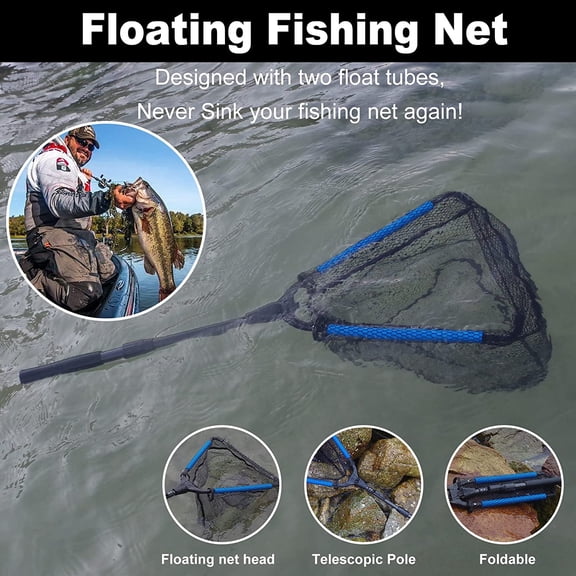 UBSWF-Fishing Net Fish Floating Landing Net, Kayak Nets with Fixed Foldable Telescopic Pole Handle, Bass Trout Fishing Nets with Nylon Mesh for Pond Lake River, Fishing Gear Gifts for Men Anglers