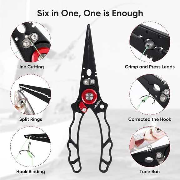 UBSWF-Fishing Pliers with Innovative Ergonomical Handle, Corrosion Saltwater Resistant,Fishing Multitool Hook Remover Braided Fishing Line Cutting, Split Ring with Coiled Lanyard and Sheath
