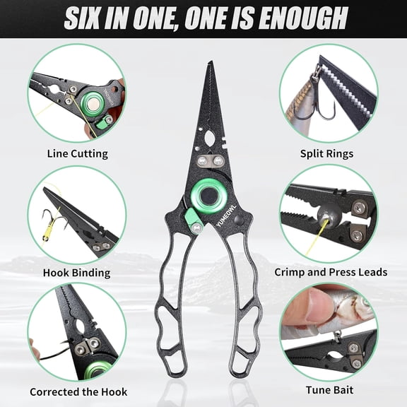 UBSWF-Fishing Pliers with Innovative Ergonomical Handle, Corrosion Saltwater Resistant,Fishing Multitool Hook Remover Braided Fishing Line Cutting, Split Ring with Coiled Lanyard and Sheath