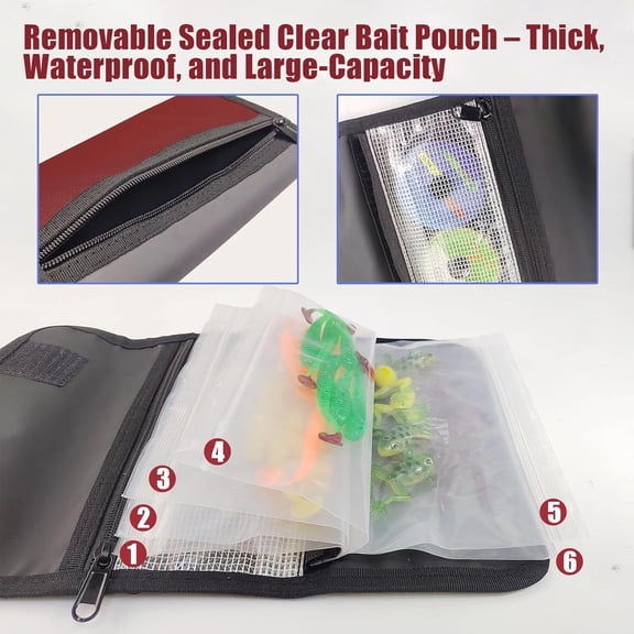 UBSWF-Fishing Tackle Organizer Case Soft Bait Binder Plastic Baits Spinner Bait Tackle Organized Removable Storage Pockets (Dark Red)
