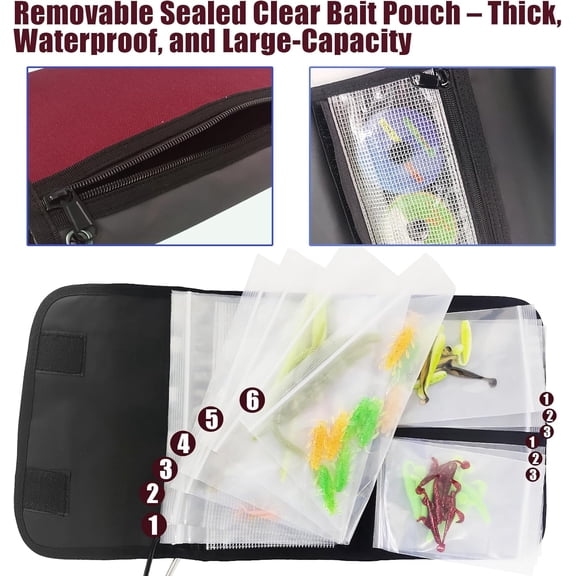UBSWF-Fishing Tackle Organizer Case Soft Bait Binder Plastic Baits and Tackle Organized Removable Storage Pockets (L:Dark Red)