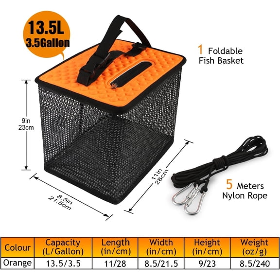 UBSWF-Floating Fishing Basket, Collapsible Fish Basket Portable Fishing Net Quick-Drying Rubber Coated Fishing Bait Storage Cage 3.5-10 Gallons