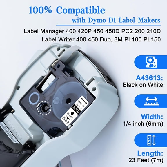 UBSWF-GREENCYCLE 3PK 6mm D1 Label Tape Compatible for Dymo Label Maker Refills 43613 S0720780 1/4 Inch Black on White for Dymo D1 Label Printers LabelManager PnP 160 210D 260P 360D 280 420P 450 Duo