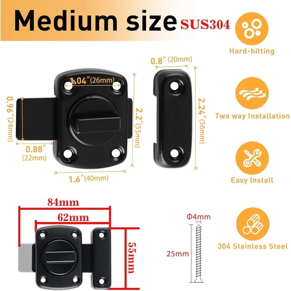 UBSWF-Gate Latch Slide Bolt Latches Lock,Medium Size Safety Double Sided Rotate Gate Hardware,SUS304 Stainless Steel for Storage Box, Cabinet,Shed Door Matte Black,63mmx55mm MS2304-B