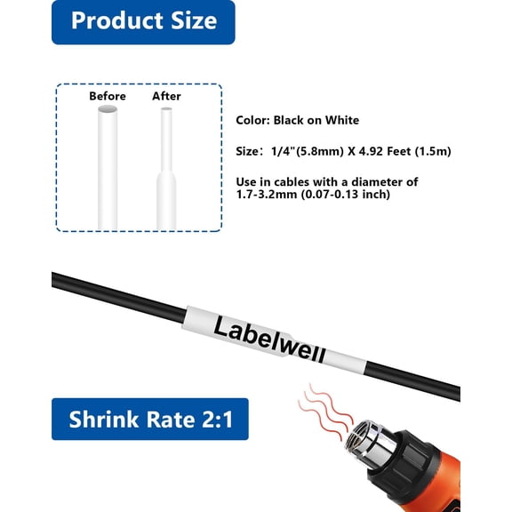 UBSWF-HSe-211 Heat Shrink Tube Label Compatible for Brother HSe 211 HS-211 HSc211 Hse 5.8mm Black on White Label Tape Refills for PT-E300 PT-H300 PT-E500 PT-E550W PT-P750WVP Label Maker, 3-Pack
