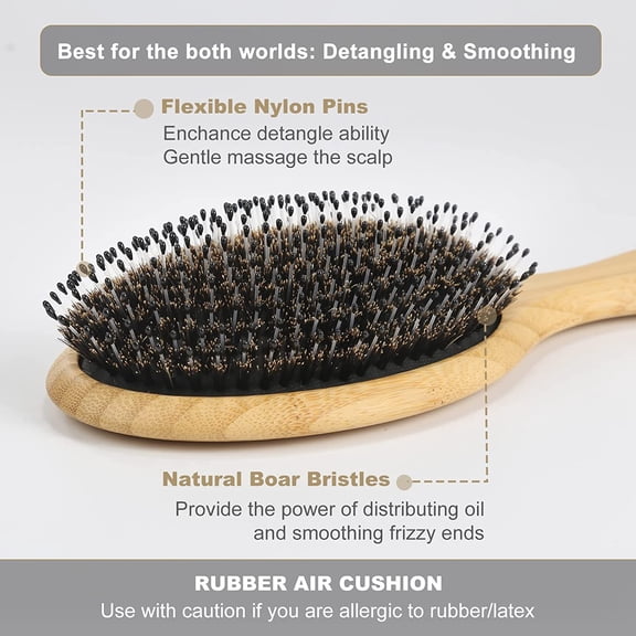 UBSWF-Hair Brush-Boar Bristle Hair Brushes Natural Bamboo Wooden Cushion Massage Anti Static Large Paddle Hairbrush for Women Men and Kid (Round)