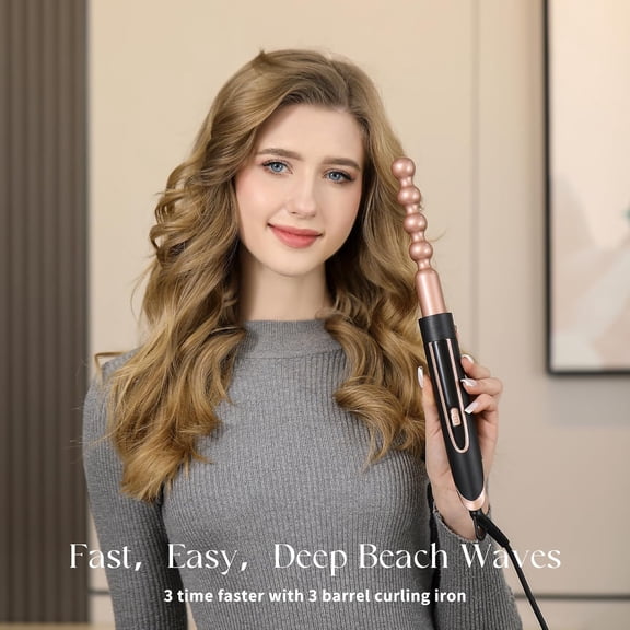 UBSWF-Heated Curling Wand, 1.5-inch Heated Round Brush, with Removable Brush Head, Gloves, and 2 Hair Clips; Dual-Voltage Design; Portable; Easily Creates Voluminous Curls; Rose Gold