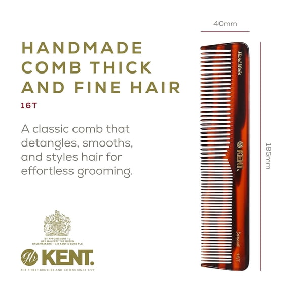 UBSWF-Kent 16T Tortoiseshell and Graphite, Fine and Wide Tooth for Daily Grooming, Handmade Styling Comb for All Hair Types, Wet and Dry Hair Detangling Comb, Saw Cut Hand Polished, Made in England