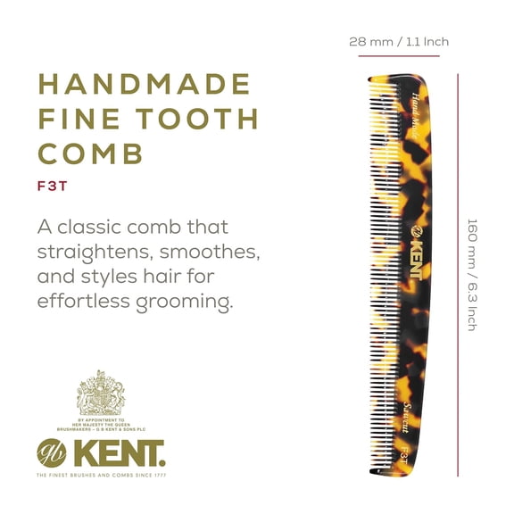UBSWF-Kent F3T TY Fine Tooth Comb - Hair Parting and Straightening Comb for Men's & Women's Dandruff Remover, Saw Cut and Hand Polished Made in England