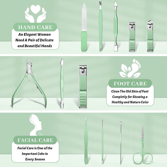 UBSWF-Manicure Pedicure Set, Nail Clipper Set for Men Women, Professional Manicure Kit Pedicure Kit, Nail Care Kit with Green Travel Leather Bag, Set 12 in 1
