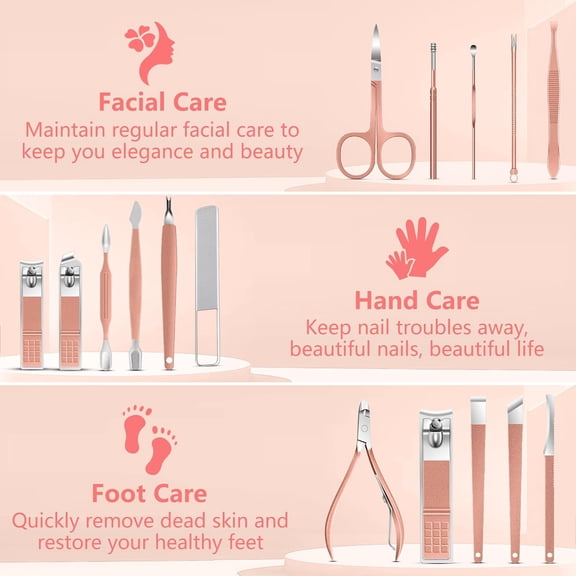 UBSWF-Manicure Set 16Pcs Professional Stainless Steel Pedicure Kit Mens Grooming Kit Fingernail & Toenail Clippers Set Manicure Kit with Luxurious Travel Bag, Sharp Nail Scissors and Clipper (Pink)