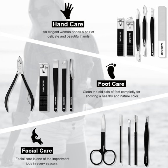 UBSWF-Manicure Set Professional Nail Clippers Pedicure Kit, 16 pcs Stainless Steel Nail Care Tools Grooming Kit with Luxurious Travel Leather Case for Thick Nails Men Women Gift (Black)
