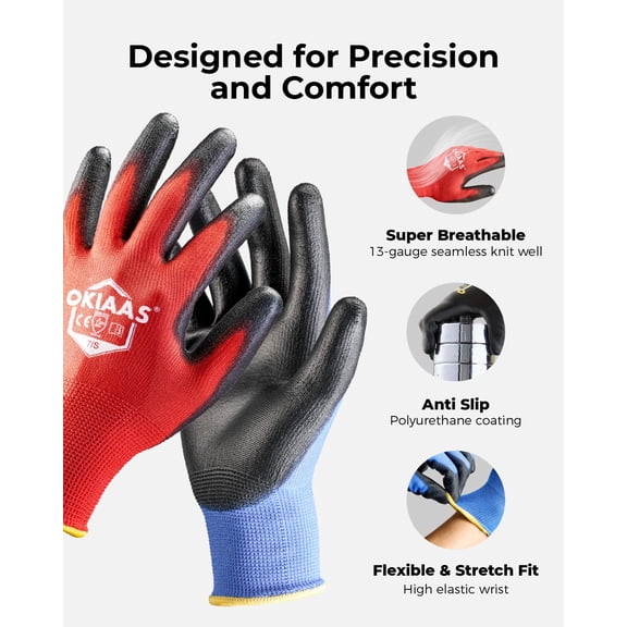 UBSWF-Men's Large Red Ultra-Thin Lightweight Working Gloves with Grip, 12 Pairs Bulk Pack Construction Gloves with Polyurethane Coating, Safety Gloves for Light Duty Work
