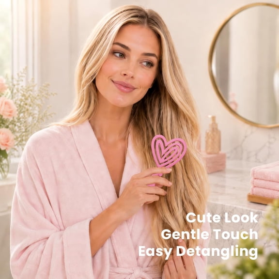 UBSWF-Mini Detangling Hair Brush for Wet & Dry Hair, Compact & Lightweight for On-the-Go Use, Gentle Flexible Bristles for Smooth Detangling, Heart-Shaped Design, Rose Pink