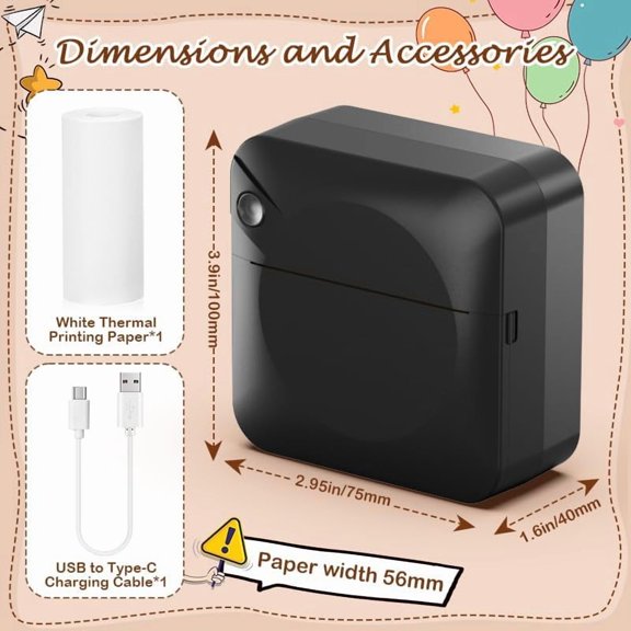 UBSWF-Mini Thermal Inkless Printer,Smart Bluetooth Pocket Printer with 1 Rolls Thermal Paper for iOS&Android, Portable Receipt Printer for Photo Note Memo (Black)