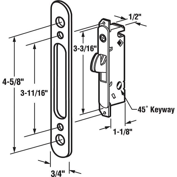 UBSWF-Mortise Lock with 45 Degree Keyway and Round Faceplate,Adjustable,Spring-Loaded Hook Latch Replacement for Sliding Patio Doors Constructed of Wood, Aluminum and Vinyl, 4-5/8"