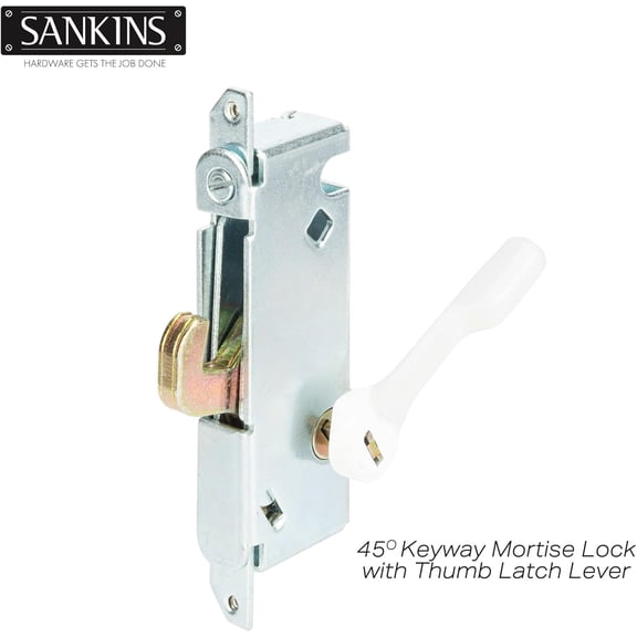 UBSWF-Mortise Lock with White Latch Lever, Adjustable Spring-Loaded Hook Latch Projection for Sliding Patio Doors, 45 Degree Angle Keyway, Fits 3-11/16 Hole Spacing, Round-End Faceplate