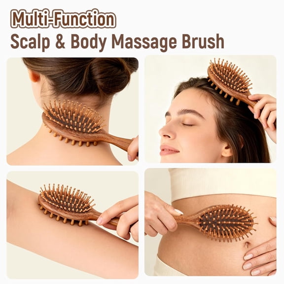 UBSWF-Multi-Functional Wooden Hair Brush  Detangling Paddle Brush & Scalp Massager with Wide Wooden Pins, Anti-Static Hairbrush for Women & Men, Reduces Frizz, Gentle on Scalp