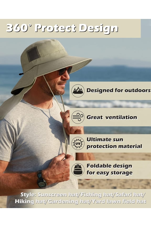 -Neck Flap Fishing Safari Cap for Men, Wide Brim Sun Hat for Outdoor Hiking, Camping, Gardening