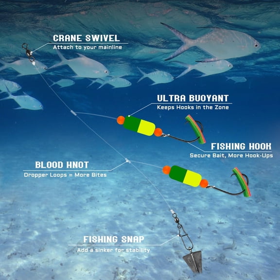 UBSWF-Pompano Rig Saltwater Surf Fishing Rigs Double Drop Leader Rigs with Hooks, Floats, Beads & Snap Easy Pre-Tied Terminal Tackle for Pompano, Whiting, Redfish