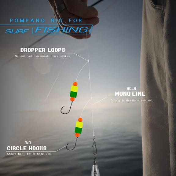 UBSWF-Pompano Rig Saltwater Surf Fishing Rigs Double Drop Leader Rigs with Hooks, Floats, Beads & Snap Easy Pre-Tied Terminal Tackle for Pompano, Whiting, Redfish